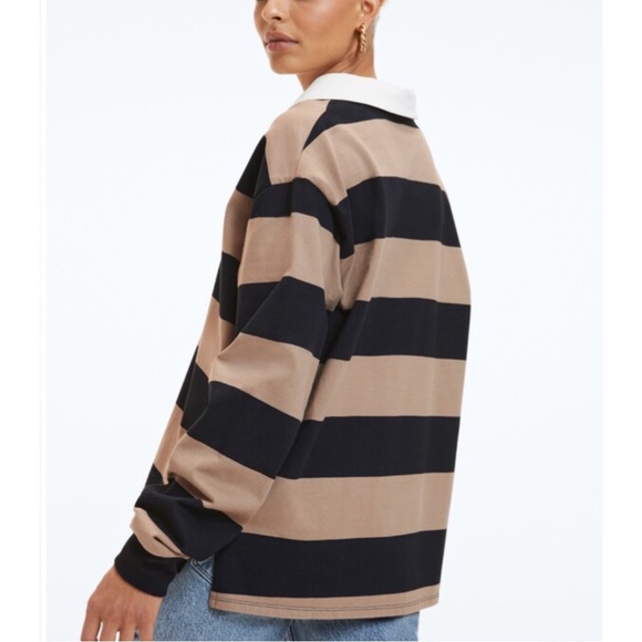 *SOLD* NEW Good American Oversized Rugby Shirt Tan/Black Size 1/2 (Small/Medium) - Picture 2 of 7